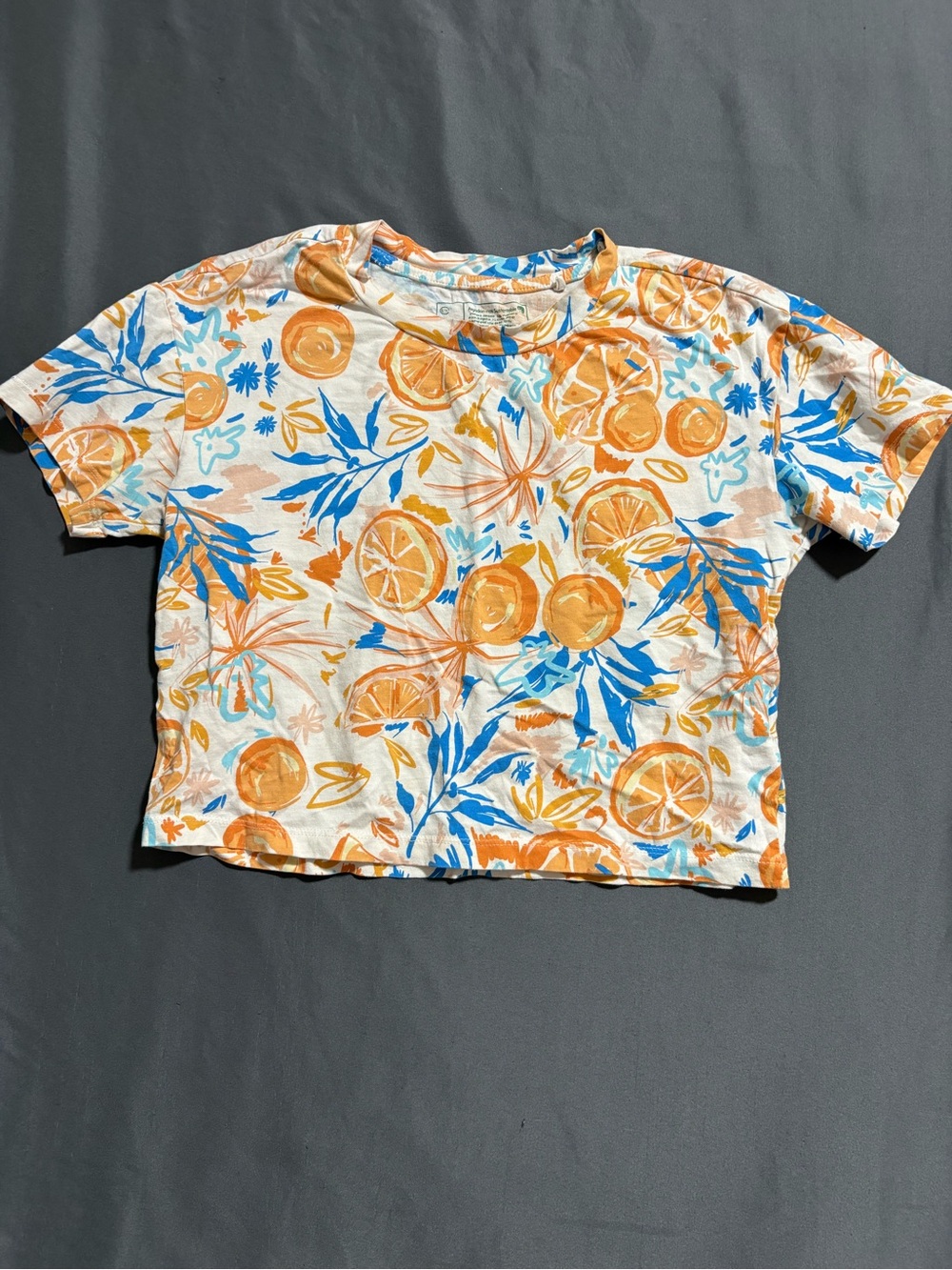 🍊 Citrus Print Cropped T-Shirt | White Orange & Blue Graphic Tee 🍊